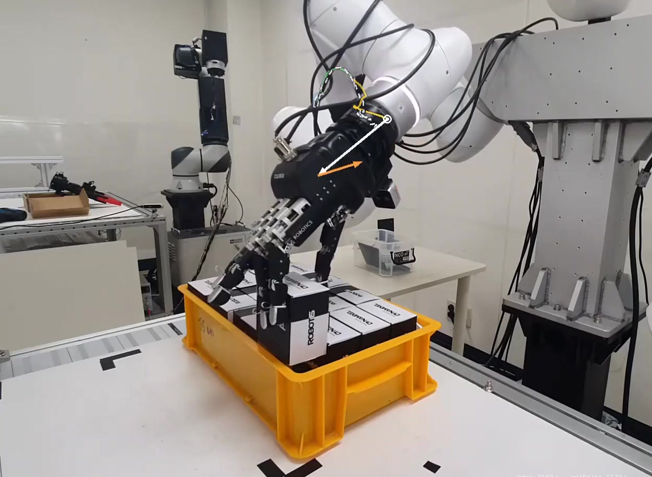 Robotic box insertion with an orange residual correction vector at an unseen backward target shift of 3 cm